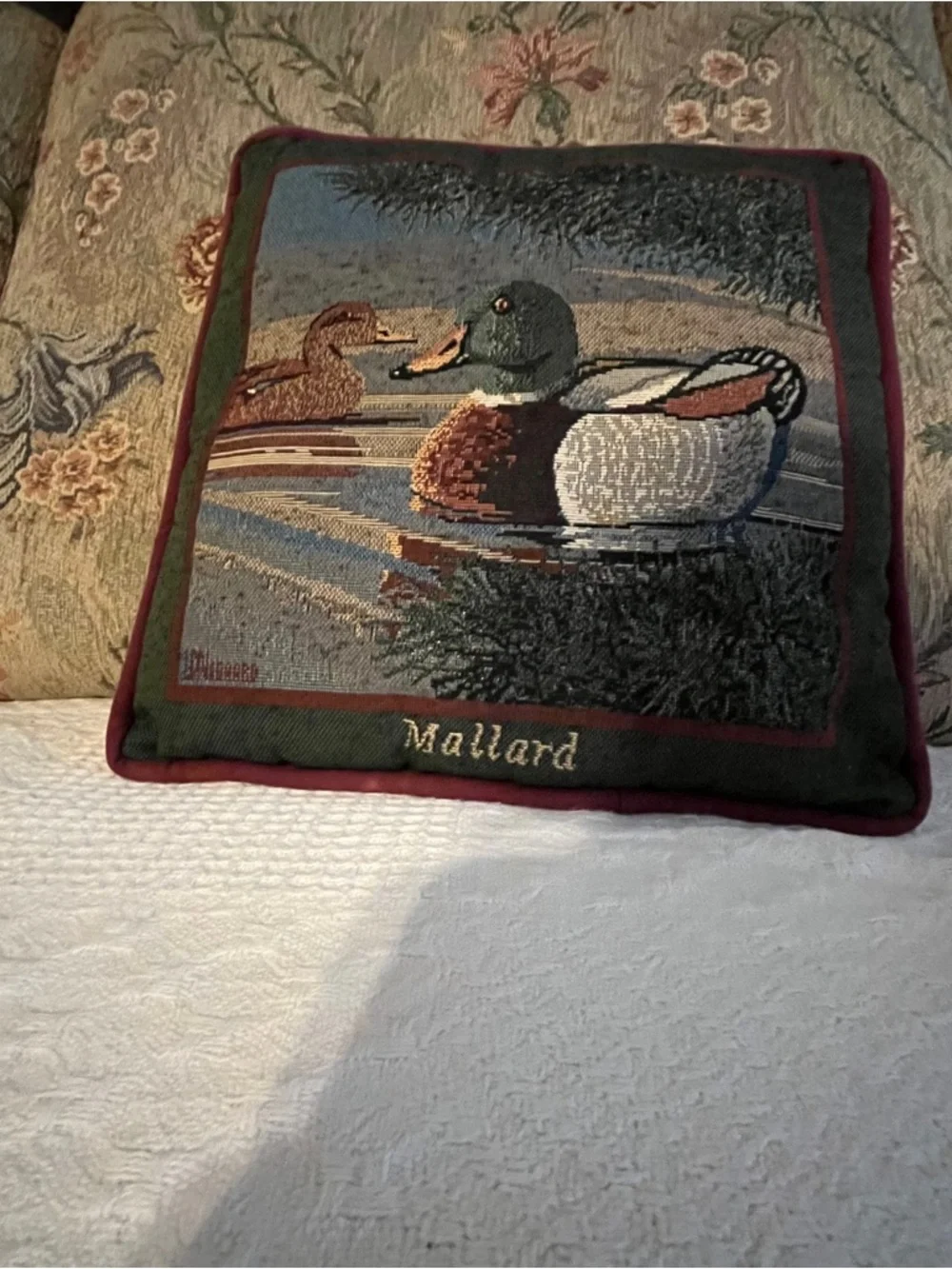 Ducks Pillow - Mallard - Signed - Tapestry - CLEAN - Velvet Back - Vintage
